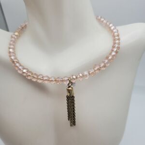 Elegant crystal‎ pink champagne beaded choker collar necklace w tassel